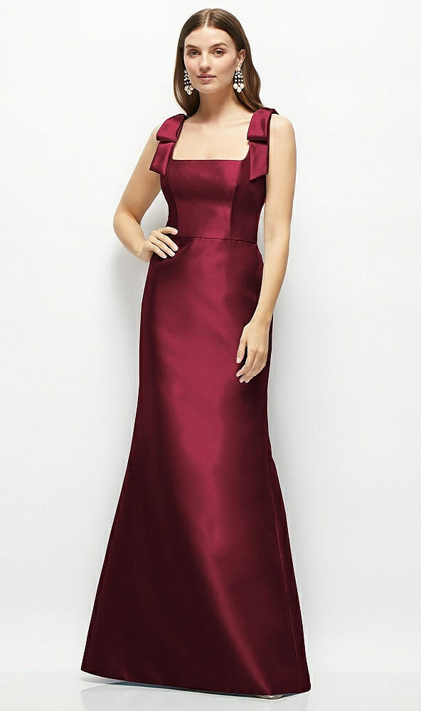 Front View - Cabernet Satin Fit and Flare Maxi Dress with Shoulder Bows