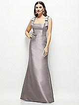 Front View Thumbnail - Cashmere Gray Satin Fit and Flare Maxi Dress with Shoulder Bows