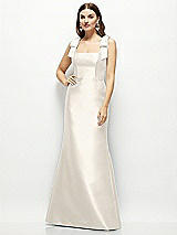 Front View Thumbnail - Ivory Satin Fit and Flare Maxi Dress with Shoulder Bows