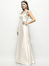 Side View Thumbnail - Ivory Satin Fit and Flare Maxi Dress with Shoulder Bows