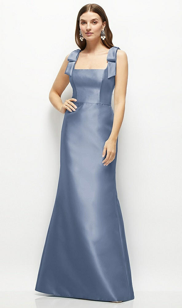 Front View - Larkspur Blue Satin Fit and Flare Maxi Dress with Shoulder Bows