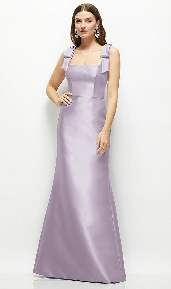 Front View - Lilac Haze Satin Fit and Flare Maxi Dress with Shoulder Bows