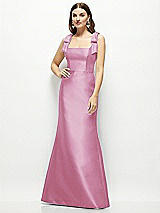 Front View Thumbnail - Powder Pink Satin Fit and Flare Maxi Dress with Shoulder Bows