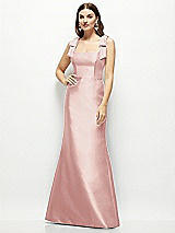 Front View Thumbnail - Rose Satin Fit and Flare Maxi Dress with Shoulder Bows