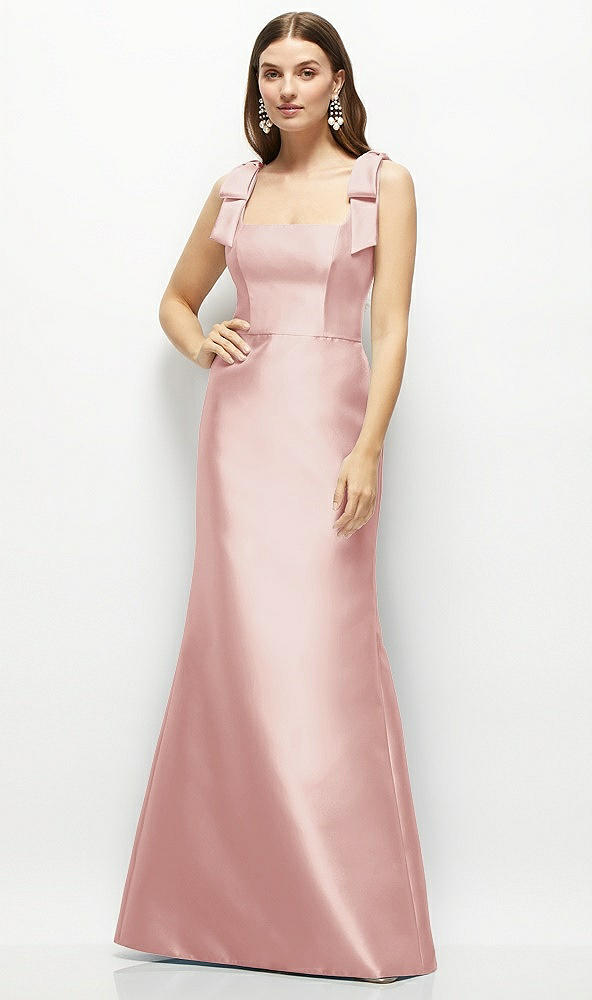 Front View - Rose Satin Fit and Flare Maxi Dress with Shoulder Bows