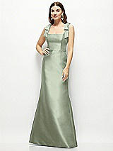 Front View Thumbnail - Sage Satin Fit and Flare Maxi Dress with Shoulder Bows