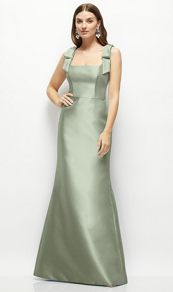 Front View - Sage Satin Fit and Flare Maxi Dress with Shoulder Bows