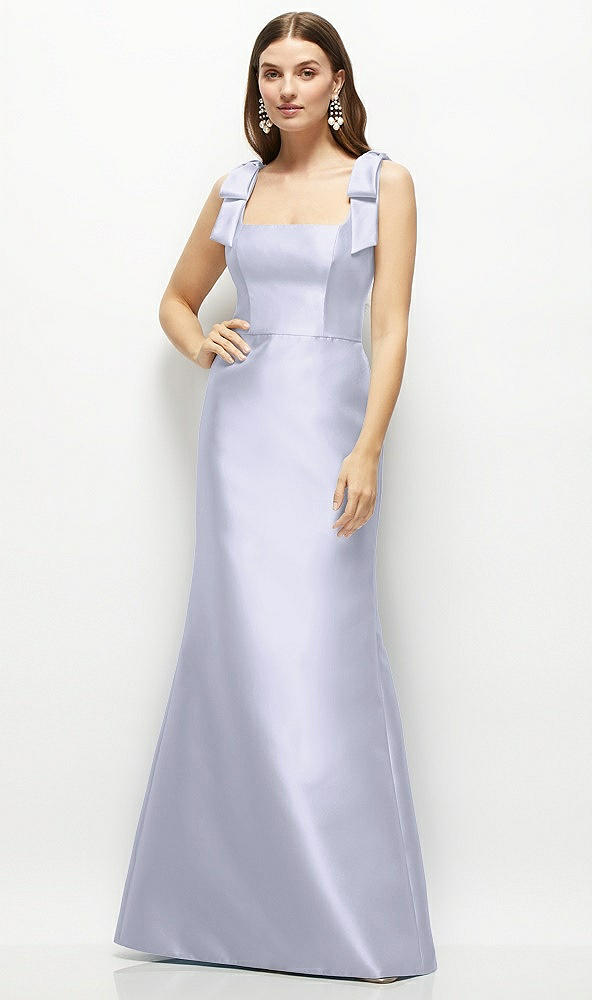 Front View - Silver Dove Satin Fit and Flare Maxi Dress with Shoulder Bows
