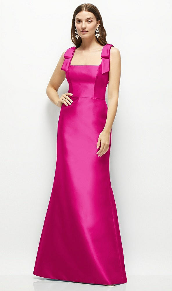 Front View - Think Pink Satin Fit and Flare Maxi Dress with Shoulder Bows