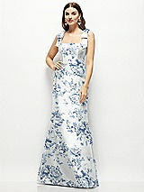 Front View Thumbnail - Cottage Rose Larkspur Floral Satin Fit and Flare Maxi Dress with Shoulder Bows