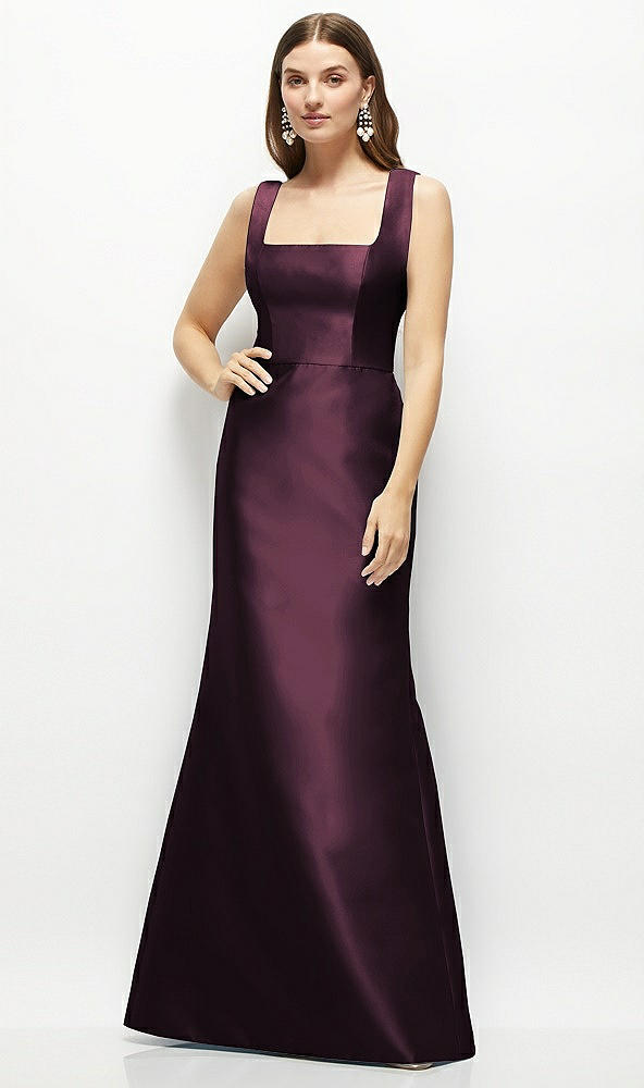 Front View - Deep Plum Satin Square Neck Fit and Flare Maxi Dress
