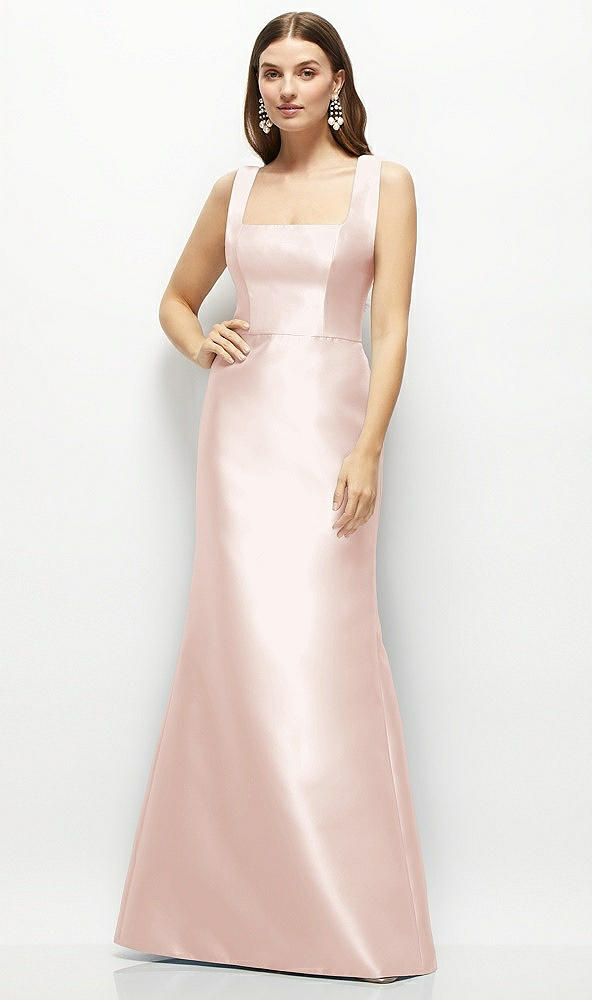 Front View - Blush Satin Square Neck Fit and Flare Maxi Dress