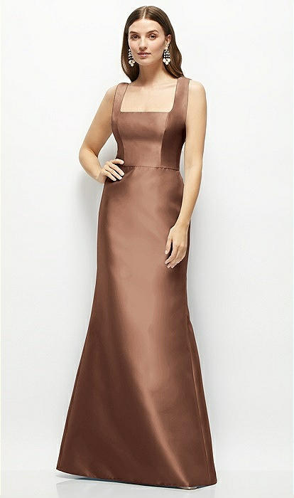 Satin Square Neck Fit And Flare Maxi Bridesmaid Dress In Cognac