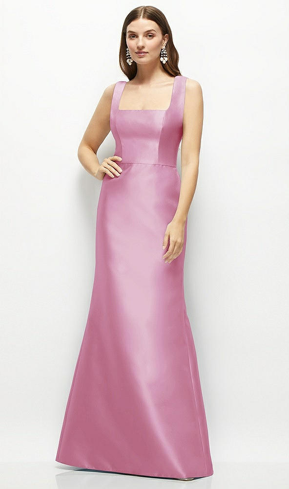 Front View - Powder Pink Satin Square Neck Fit and Flare Maxi Dress
