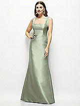 Front View Thumbnail - Sage Satin Square Neck Fit and Flare Maxi Dress