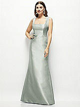 Front View Thumbnail - Willow Green Satin Square Neck Fit and Flare Maxi Dress