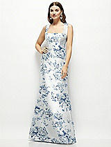 Front View Thumbnail - Cottage Rose Larkspur Floral Satin Square Neck Fit and Flare Maxi Dress