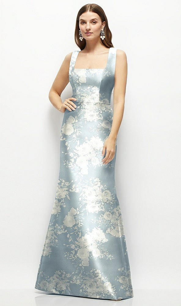 Front View - Porcelain Blue Seraphina Floral Floral Satin Square Neck Fit and Flare Maxi Dress