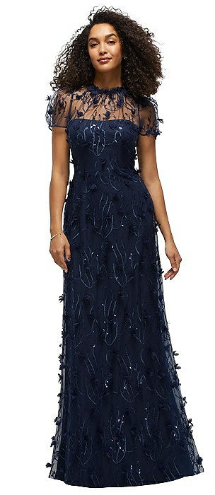 3D Floral Embroidered Puff Sleeve A-line Maxi Dress with Petal-Adorned Illusion Neckline