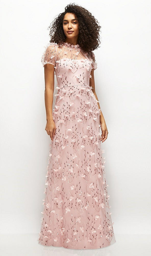 Front View - Rose 3D Floral Embroidered Puff Sleeve A-line Maxi Dress with Petal-Adorned Illusion Neckline