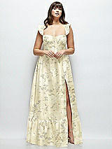 Alt View 1 Thumbnail - Butter Yellow Floral Floral Satin Corset Maxi Dress with Ruffle Straps & Skirt