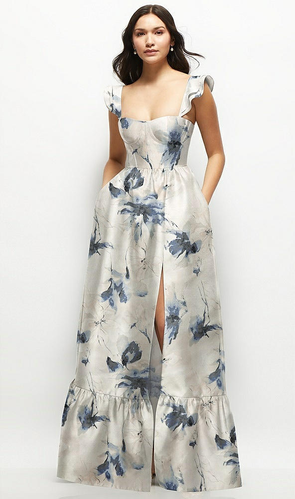 Front View - Inkwash Blue Floral Floral Satin Corset Maxi Dress with Ruffle Straps & Skirt
