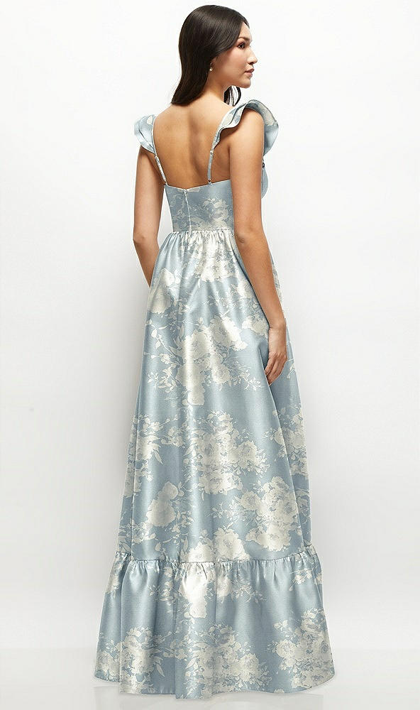 Back View - Porcelain Blue Seraphina Floral Floral Satin Corset Maxi Dress with Ruffle Straps & Skirt