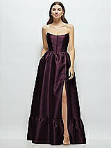 Front View Thumbnail - Deep Plum Strapless Cat-Eye Boned Bodice Maxi Dress with Ruffle Hem