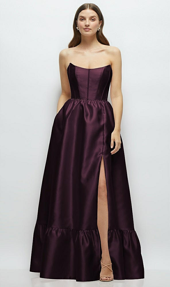Front View - Deep Plum Strapless Cat-Eye Boned Bodice Maxi Dress with Ruffle Hem