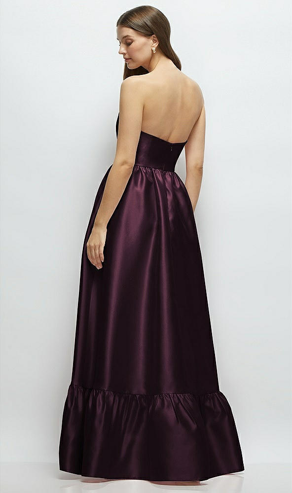 Back View - Deep Plum Strapless Cat-Eye Boned Bodice Maxi Dress with Ruffle Hem