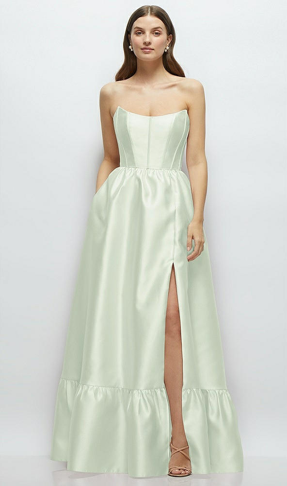 Front View - Mint Green Strapless Cat-Eye Boned Bodice Maxi Dress with Ruffle Hem