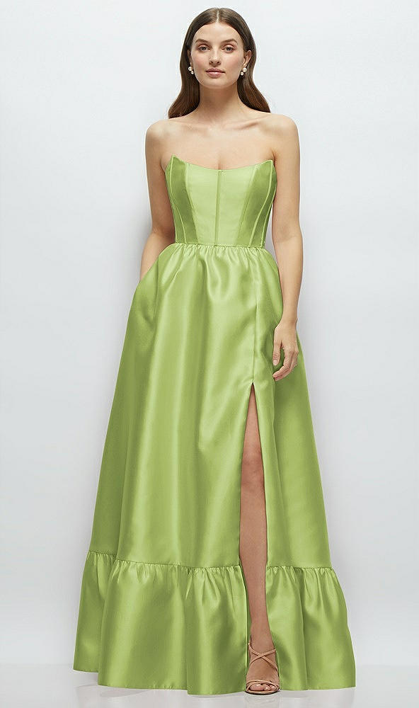 Front View - Mojito Strapless Cat-Eye Boned Bodice Maxi Dress with Ruffle Hem