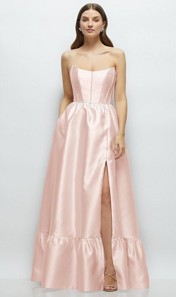 Front View - Blush Strapless Cat-Eye Boned Bodice Maxi Dress with Ruffle Hem