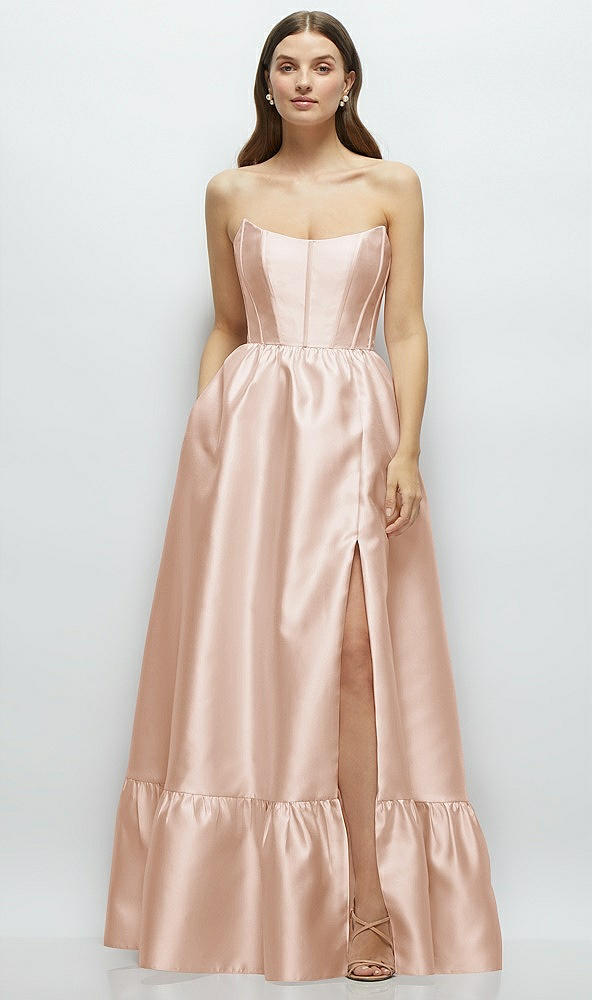 Front View - Cameo Strapless Cat-Eye Boned Bodice Maxi Dress with Ruffle Hem