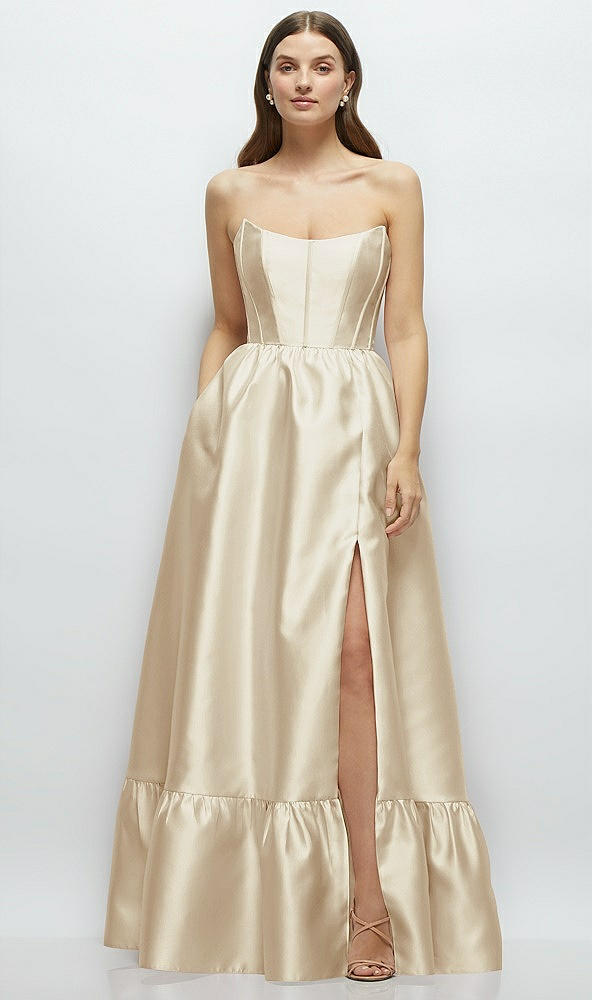 Front View - Champagne Strapless Cat-Eye Boned Bodice Maxi Dress with Ruffle Hem