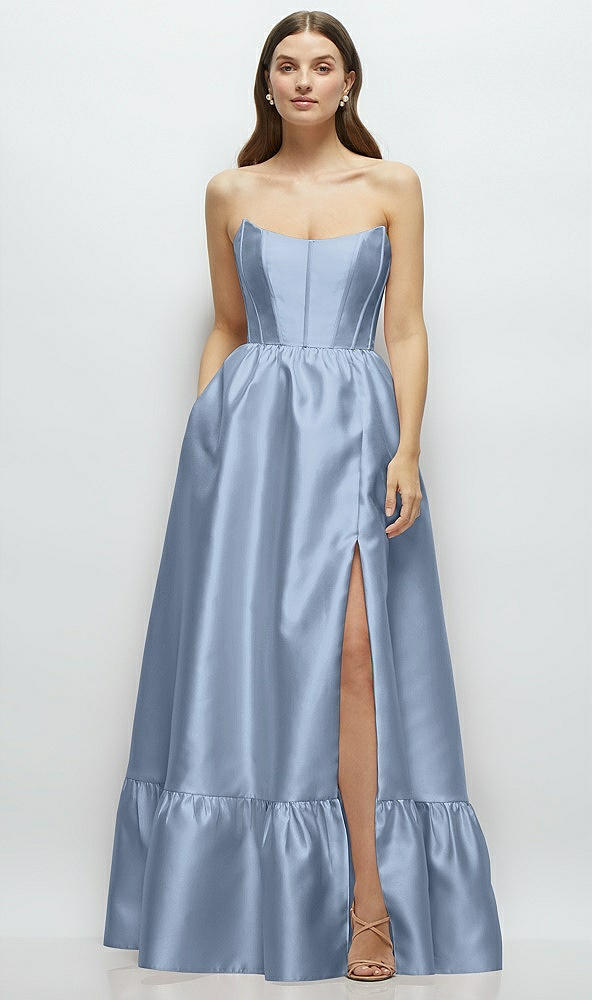 Front View - Cloudy Strapless Cat-Eye Boned Bodice Maxi Dress with Ruffle Hem