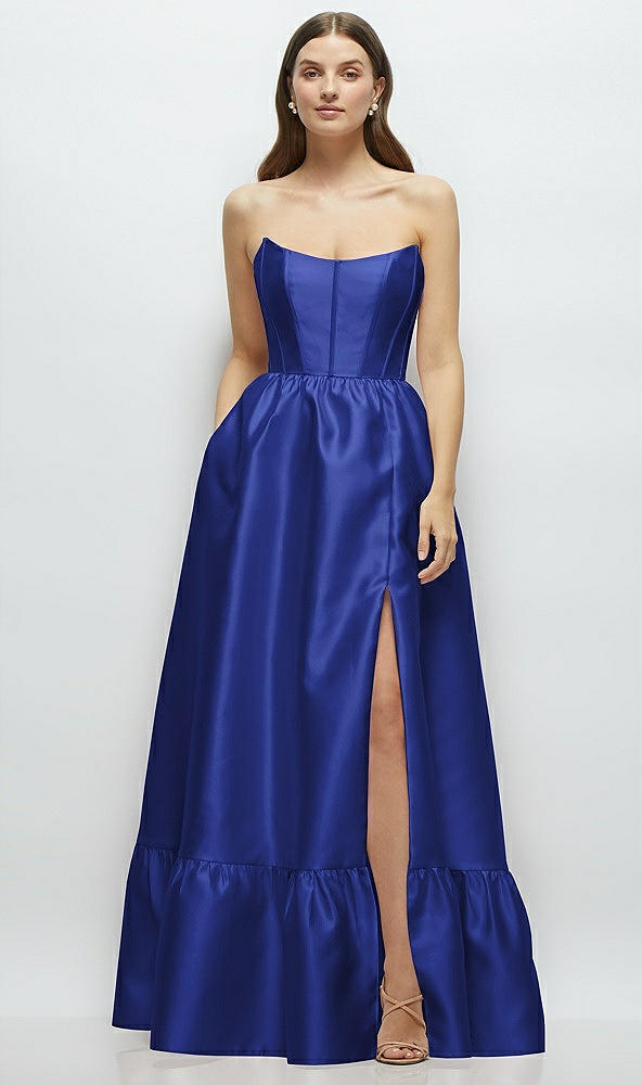 Front View - Cobalt Blue Strapless Cat-Eye Boned Bodice Maxi Dress with Ruffle Hem