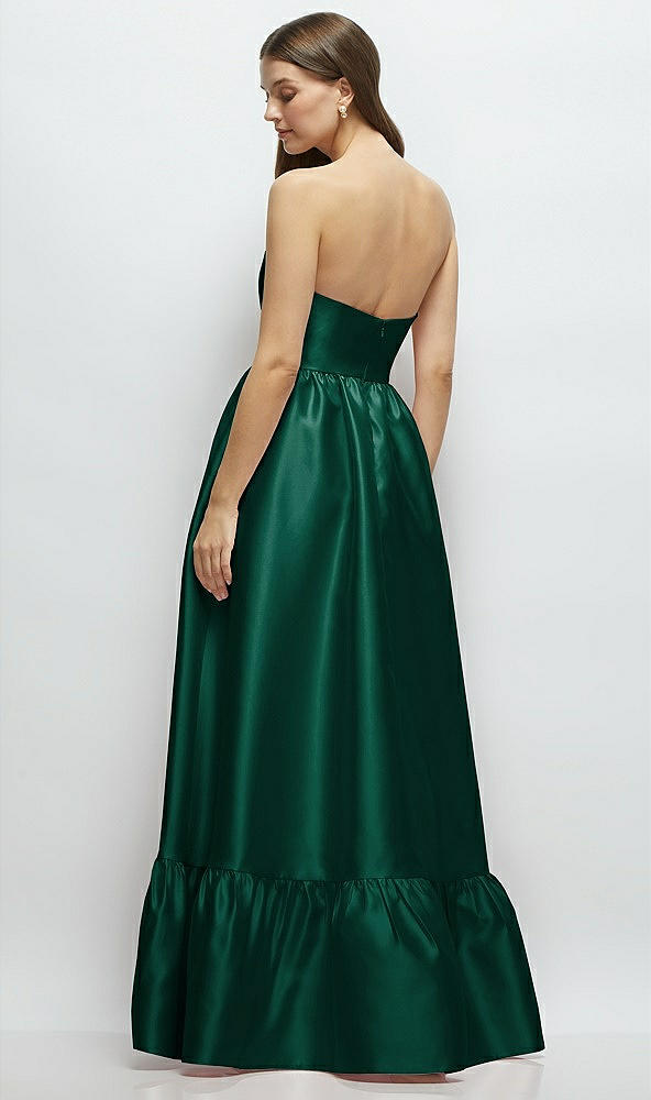 Back View - Hunter Green Strapless Cat-Eye Boned Bodice Maxi Dress with Ruffle Hem