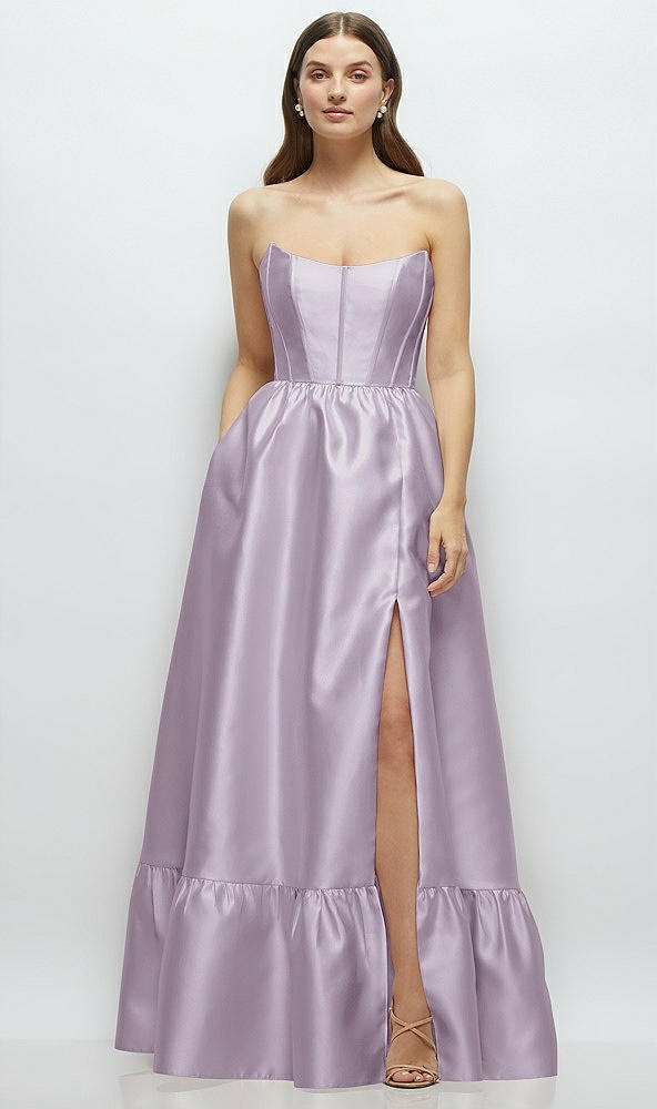 Front View - Lilac Haze Strapless Cat-Eye Boned Bodice Maxi Dress with Ruffle Hem