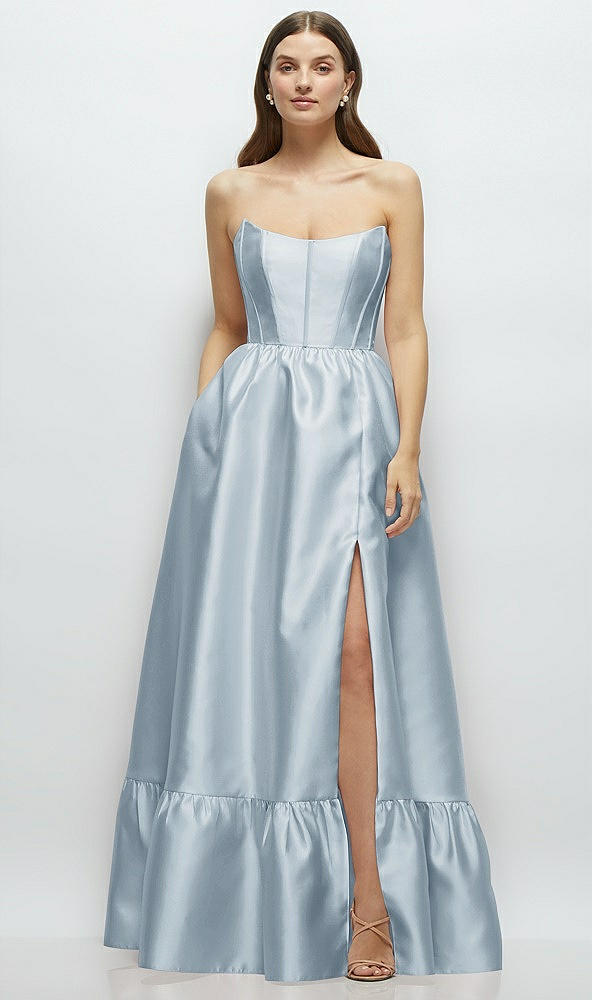 Front View - Mist Strapless Cat-Eye Boned Bodice Maxi Dress with Ruffle Hem