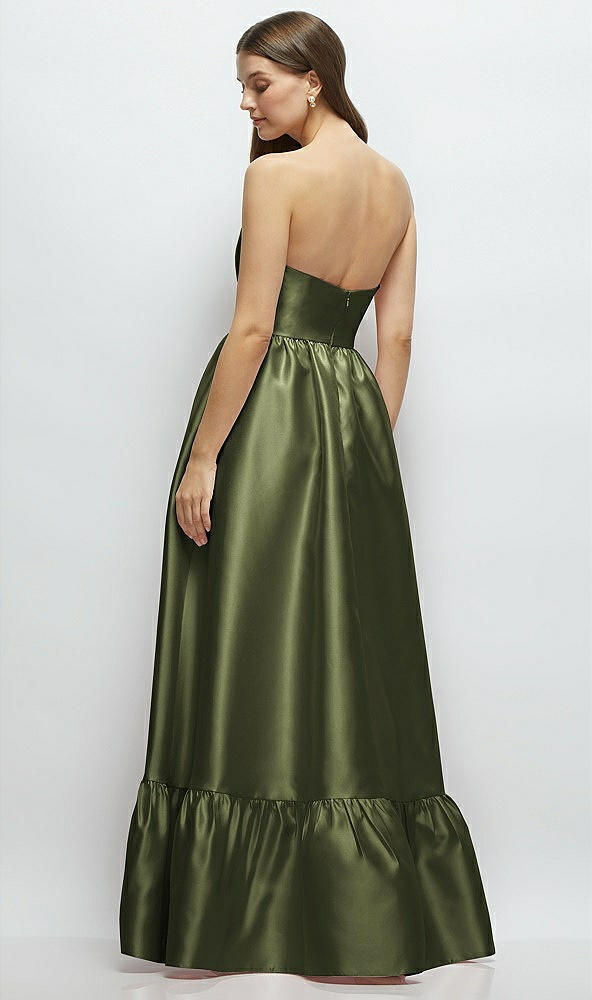 Back View - Olive Green Strapless Cat-Eye Boned Bodice Maxi Dress with Ruffle Hem