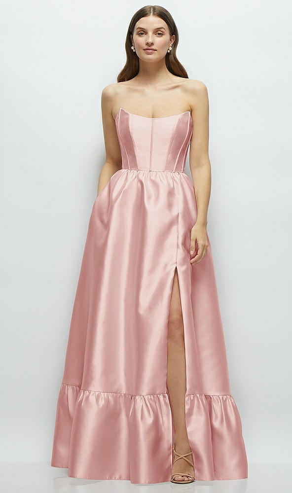 Front View - Rose Strapless Cat-Eye Boned Bodice Maxi Dress with Ruffle Hem