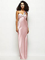 Front View Thumbnail - Ballet Pink Satin Twist Bandeau One-Shoulder Bias Maxi Dress