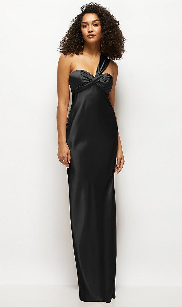 Front View - Black Satin Twist Bandeau One-Shoulder Bias Maxi Dress