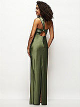 Rear View Thumbnail - Olive Green Satin Twist Bandeau One-Shoulder Bias Maxi Dress