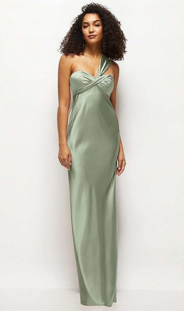 Front View - Sage Satin Twist Bandeau One-Shoulder Bias Maxi Dress