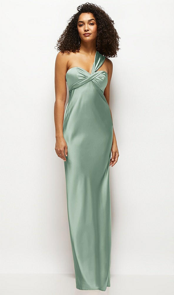 Front View - Seagrass Satin Twist Bandeau One-Shoulder Bias Maxi Dress