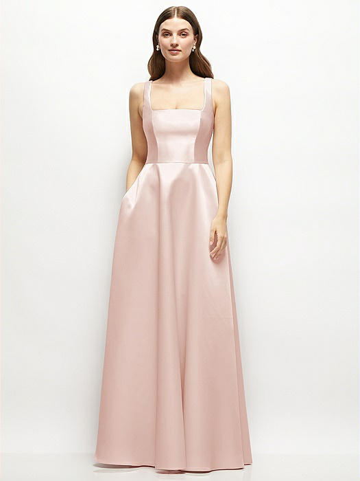Square-Neck Satin Maxi Dress with Full Skirt
