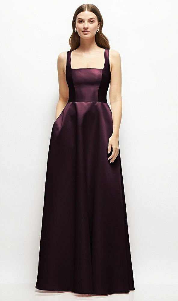 Front View - Deep Plum Square-Neck Satin Maxi Dress with Full Skirt