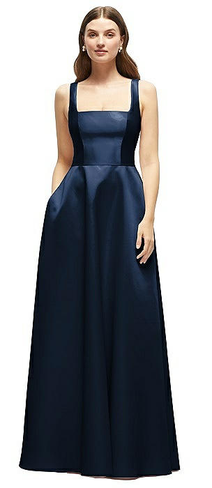 Square-Neck Satin Maxi Dress with Full Skirt